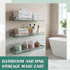3 Pack 20 Inch Glass Bathroom Shelves for Wall, Wall Mount Glass Shelves with Stainless Steel Rail, Modern Floating Bathroom Shelf Organizer, Rectangular Room Decor for Sink, Over Toilet