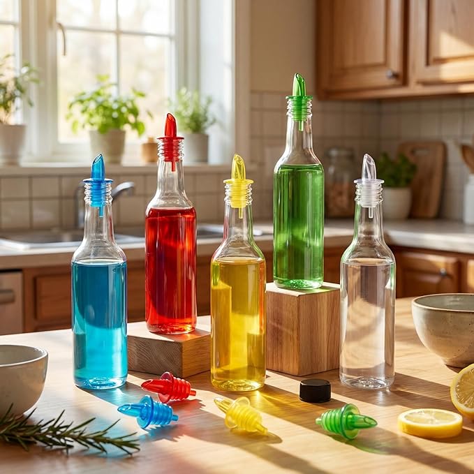 Tioncy 10 Sets 10oz Plastic Liquor Bottles with Pourers Sets 10 Plastic Long Neck Syrup Bottles with Pourer and Caps Reusable Leakproof for Home Party Bar(Multicolor)