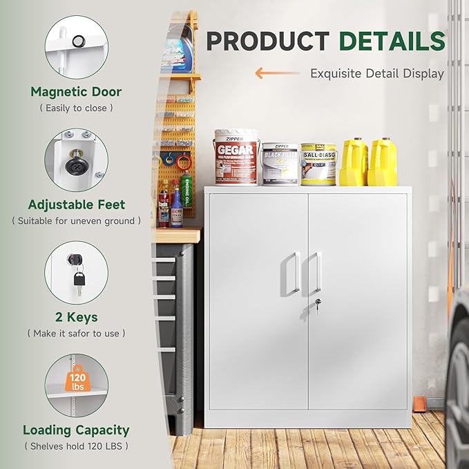 Letaya Metal Storage Cabinets with Lock, Small Locker Organizer Steel Cabinets, Adjustable Layers Shelves 2 Doors for Home, Office, Warehouse,Garage,Industrial,Employee Lockers (White-36)