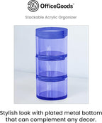 OfficeGoods 3-Tier Stackable Acrylic Holder- Stylish Desk Organizer and Storage for Office or Home – Transparent Round Design, Blue with Silver Metal Base