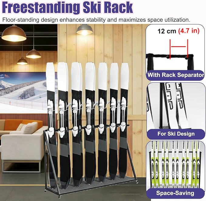 Indoor Ski Storage Rack Vertical, 1 2 3 4 5 6 Pair Ski Display Stand for Carrier/Organizer/Storage, Floor Standing Longboard Holders with Wheels(Hold 6 pair ski)
