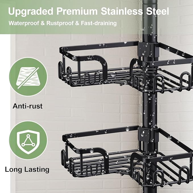 Corner Shower Caddy Tension Pole 4 Tier Adjustable Stainless Steel Shower Shelf for Inside Shower Bathtub Shampoo,Standing Bathroom Organizer Shelves with 39 to 113 inch Height