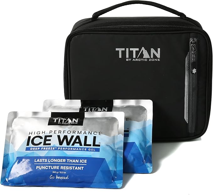 Titan by Arctic Zone Fridge Cold Lunch Box with 2 Gel Ice Packs, Small Insulated Cooler Bag with Leak Proof Lining for School and Work, Black Ice
