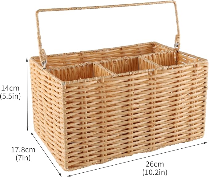 Silverware Organizer,Hand-Woven Wicker Kitchen Utensil Caddy with 4 Compartments,Cutlery Holder for Party Camping,Flatware Spoon Condiment Basket,Utensil Holder for Kitchen Counter with Handle