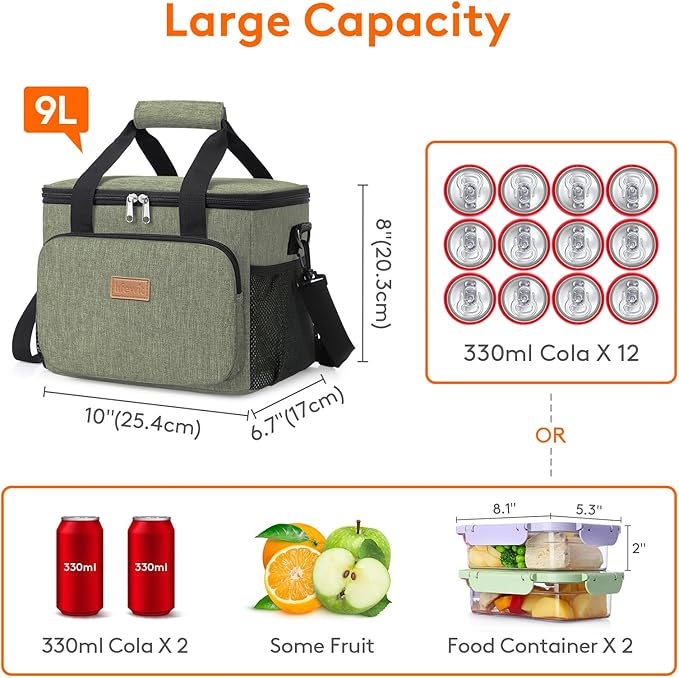 Lifewit Medium Lunch Bag, Insulated Lunch Box, Soft Cooler Cooling Tote for Adult Men Women, Dark Green 12-Can (9L)