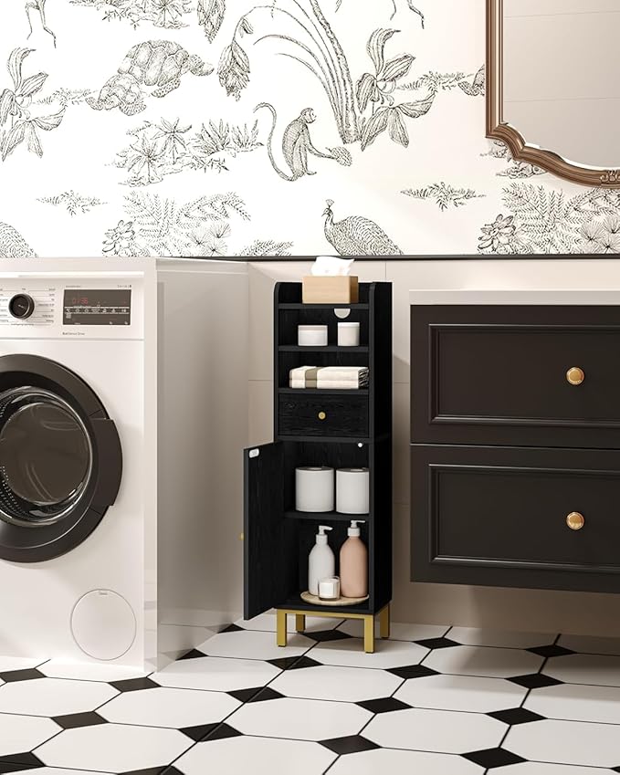 Bathroom Storage Cabinet, Corner Floor Cabinet with Drawers and Doors, Narrow Toilet Paper Holder, Bathroom Organizer with Adjustable Shelf, for Small Spaces, Black BC29804G