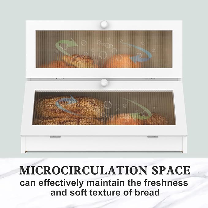 Bamboo Bread Box for Kitchen Countertop, Double Layer Large Bread Storage Container for Homemade Bread with Window & Lid, Bread Keeper Holder, White