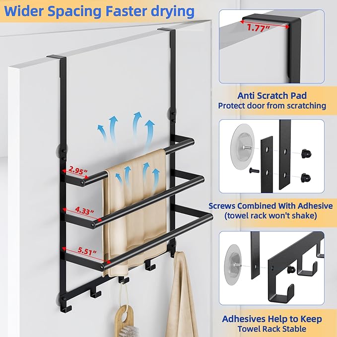 Over The Door Towel Rack, Over Door Towel Racks for Bathroom Door with 5 Hooks, 3 Tier Towel Storage Hanger Holder for Bathroom Accessories, 16 Inch Towel Bar for Hanging Towels, Matte Black