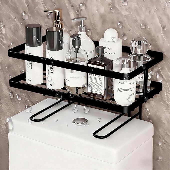 Bathroom Organizer Shelf - Over The Toilet Storage Rack, 2-Tier Floating Shelves with Hooks, No-Drill, Toilet Paper Holder for Restroom Bathroom Vanity Kitchen (Black, 1 Tier)