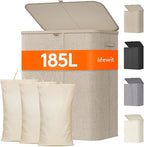 Lifewit 185L Large 3 Section Laundry Hamper with Lid, Plastic Laundry Basket with Bamboo Handles and Removable Bags, Tall Foldable Clothes Hamper for Bathroom Bedroom, Beige