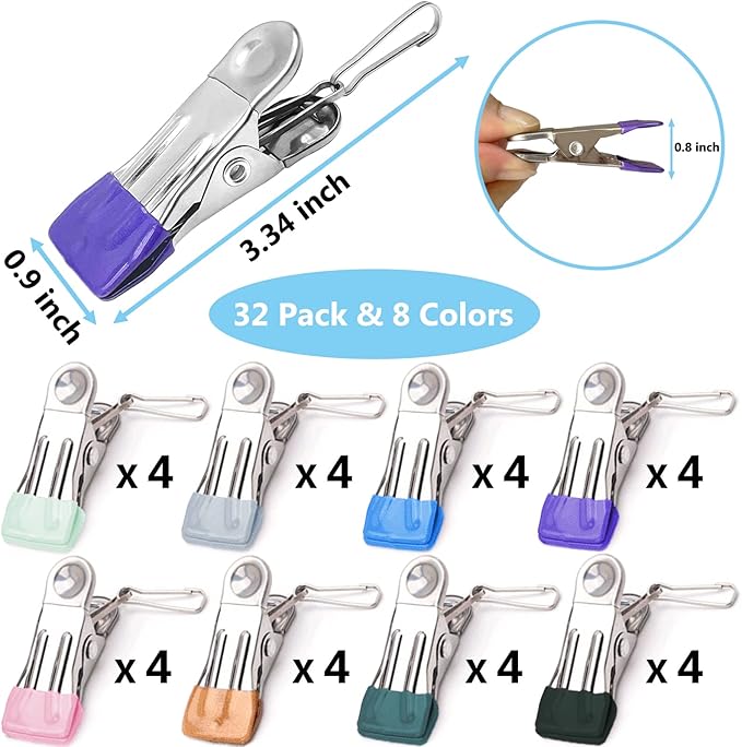 Clothes Pins with Removable Hook, 32 Pack Stainless Steel Colored Clothespins for Laundry, Heavy Duty Clothing Pins for Clothes Line, Multipurpose Metal Clips for Hanging Clothes, Socks, Towel, Snack