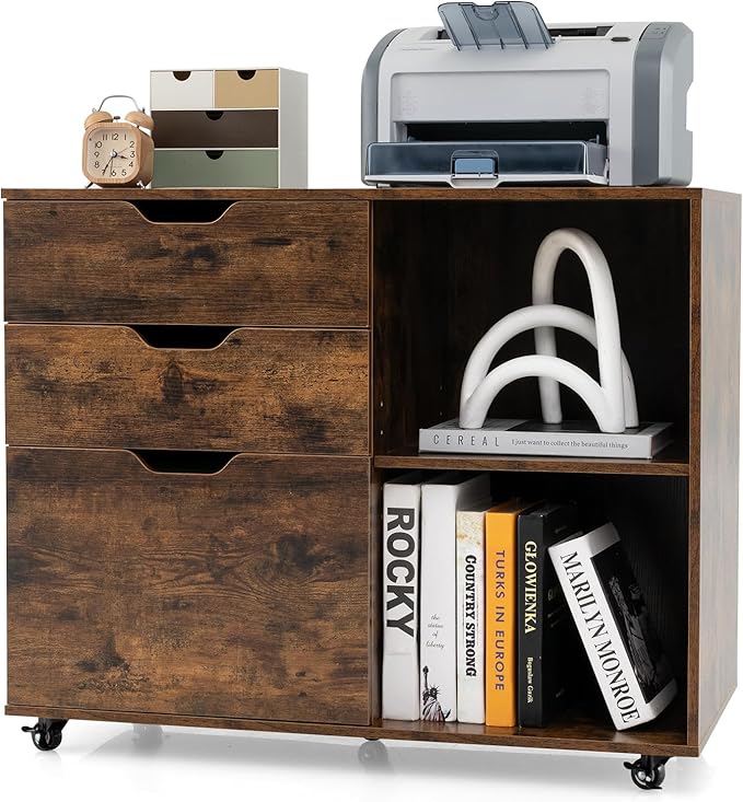 Giantex 3 Drawer File Cabinet, Office Storage Cabinet Fits Files Letter, A4, Legal Size, Rolling Printer Stand with Adjustable Shelf, Office Organization and Storage, Lateral Filing Cabinet (Brown)