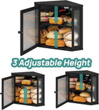 Corner Bread Box for Kitchen Counter, Bamboo Wood Black Bread Box, Large Capacity Bread Storage Bin with Acrylic Wavy Door Panel (Black, Meduim)