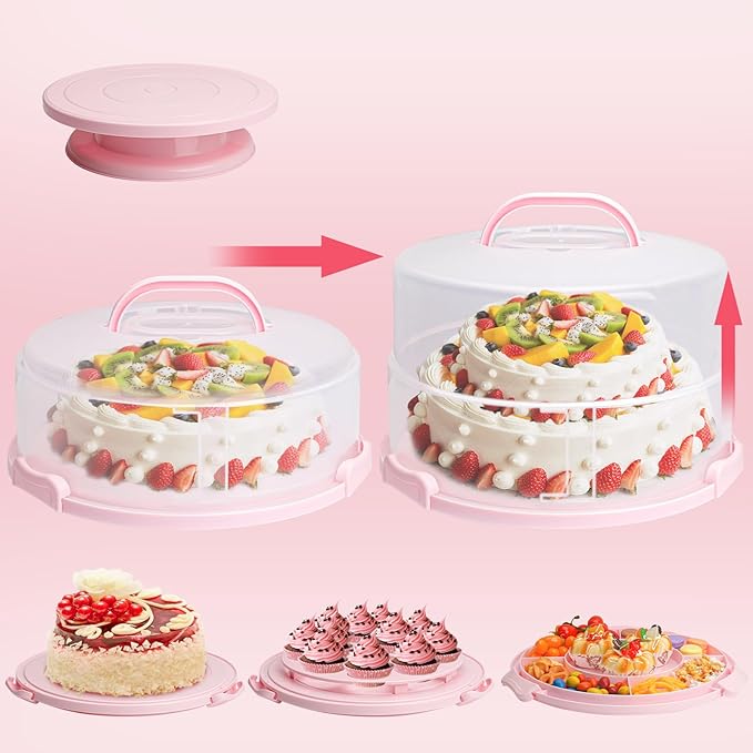 Bundt Cake Carrier, 13.5"Pink Cake Carrier with Lid Handle Turntable and Cupcake Holder, Portable Cake Transport Container, Perfect Gifts for Transporting Cakes, Pies, Cupcakes, Nuts, Fruits