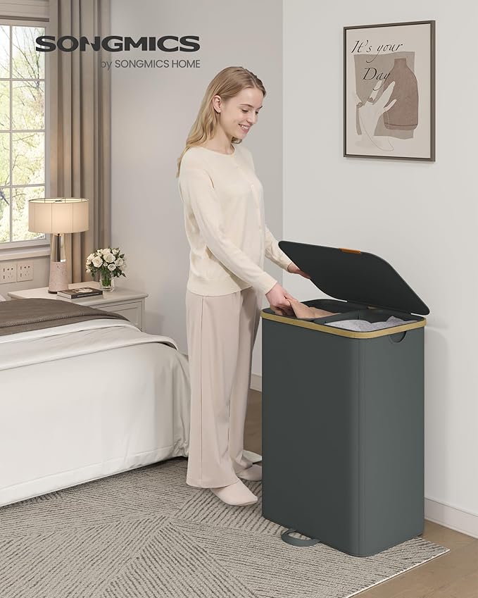 SONGMICS Laundry Hamper, Laundry Sorter with Lid, Storage Basket Bin, Removable Liners, Bamboo Frame, for Bedroom, 2 Sections, 39.6 Gal. (150 L), Slate Gray ULCB532GN01