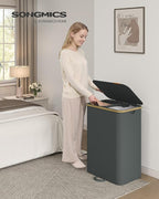 SONGMICS Laundry Hamper, Laundry Sorter with Lid, Storage Basket Bin, Removable Liners, Bamboo Frame, for Bedroom, 2 Sections, 39.6 Gal. (150 L), Slate Gray ULCB532GN01