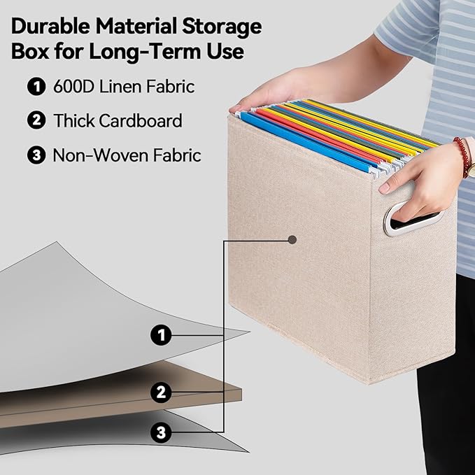 2 Pack Letter Size File Storage Box Collapsible, Fabric Hanging File Folders Organizer, Portable Office Document Holder with Metal Handle, Smooth PVC Rails, Beige