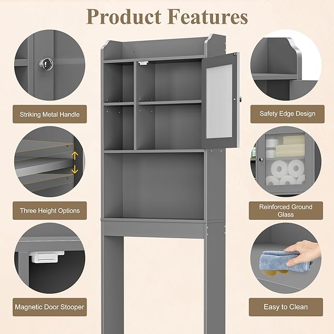 ZENY Over The Toilet Storage Cabinet, Bathroom Organizer with Adjustable Shelf and Double Doors, Freestanding Bathroom Space Saver Toilet Rack (Gray)
