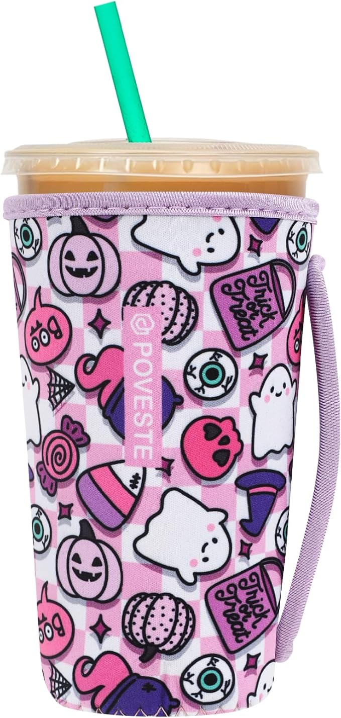 Reusable Neoprene Insulator Sleeve for Iced Coffee & Cold Soda, Coffee Sleeves for Iced & Hot Drinks, Cold Beverage Cooler Compatible with Starbucks, Dunkin (Checkerboard Halloween, Large: 32oz)