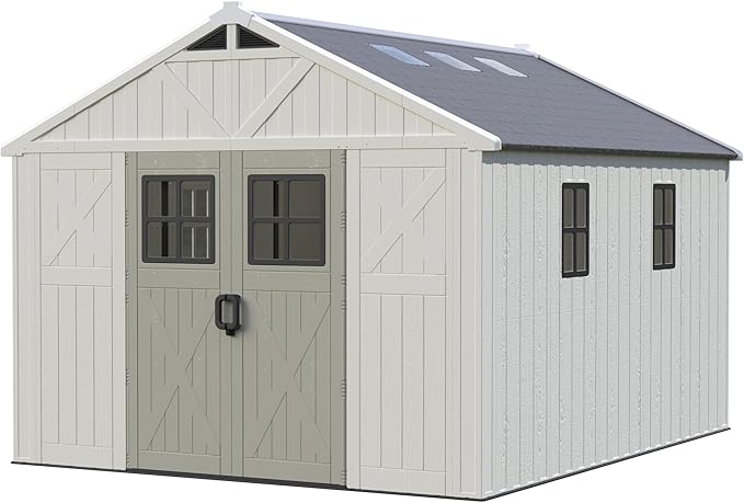 Greesum 10×12FT Plastic Outdoor Storage Shed with Floor and Lockable Door, Resin Sheds with Windows and Skylights, Organization for Garden, Lawn, Pool Supplies, Beige