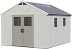 Greesum 10×12FT Plastic Outdoor Storage Shed with Floor and Lockable Door, Resin Sheds with Windows and Skylights, Organization for Garden, Lawn, Pool Supplies, Beige