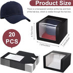 20 Pcs Hat Boxes for Shipping, Black Hat Gift Box with Window Display - Foldable Storage Container for Baseball Caps, Snapbacks, Dad Hats, Billed Caps 7.87 x 7.87 x 4.72 Inches