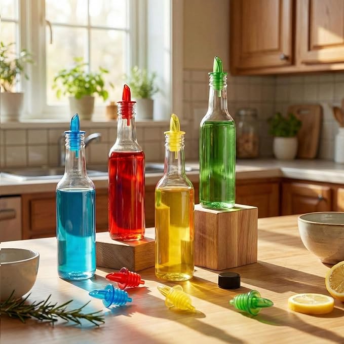 Tioncy 4 Sets 10oz Plastic Liquor Bottles with Pourers Sets 4 Plastic Long Neck Syrup Bottles with Pourer and Caps Reusable Leakproof for Home Party Bar(Red, Yellow, Blue, Green)