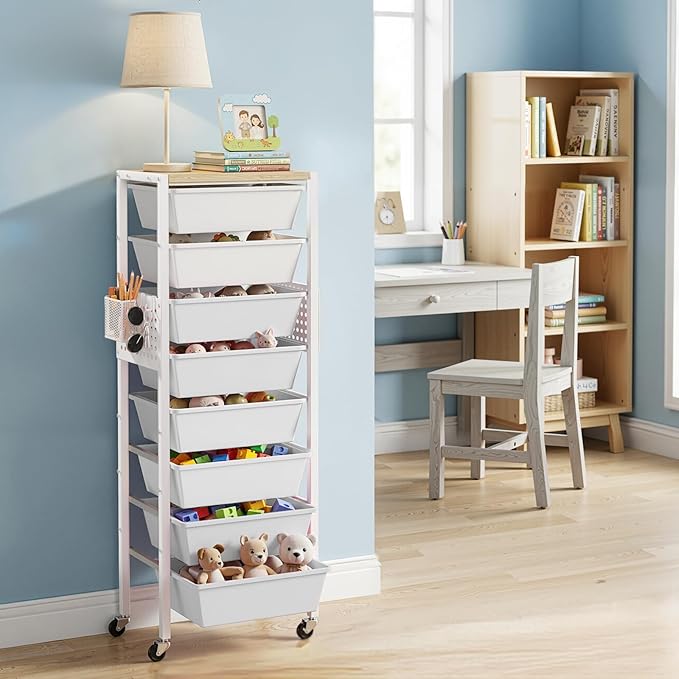 Rolling Cart with Drawers, Rolling Storage Cart with 8 Large Plastic Drawers & Wooden Tabletop, Utility Cart with Pegboards & Basket, Storage Drawers Cart for Living Room, Classroom, Bedroom, Office