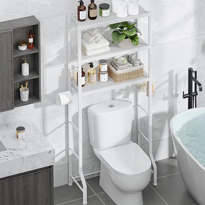 Kitsure Over The Toilet Storage Rack - Freestanding Over The Toilet Storage Cabinet with Paper Holder & Hooks, Bathroom Organizers and Storage, White, 3 Tiers (61" H)