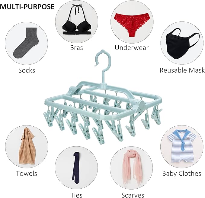 Foldable Clip Hangers with 26 Drying Clips, Underwear Hanger with Clips, Plastic Laundry Clip and Drip Drying Hanger for Socks, Bras, Lingerie, Clothes, Sturdy, Blue