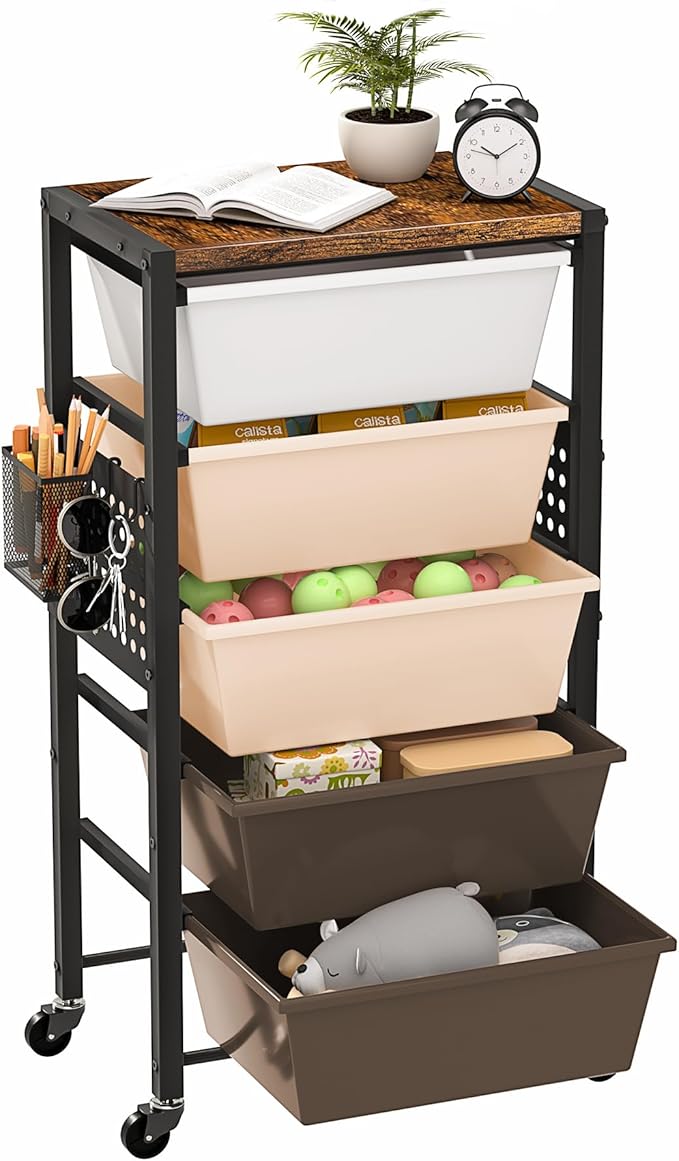Rolling Cart with Drawers, Rolling Storage Cart with Large Plastic Drawers & Wooden Tabletop, Utility Cart with Pegboards & Basket, Storage Drawers Cart for Living Room, Classroom, Bedroom, Office