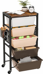 Rolling Cart with Drawers, Rolling Storage Cart with Large Plastic Drawers & Wooden Tabletop, Utility Cart with Pegboards & Basket, Storage Drawers Cart for Living Room, Classroom, Bedroom, Office
