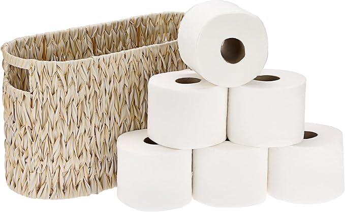 Sumnacon Toilet Paper Storage Basket Freestanding, Woven Toilet Paper Holder Stand with Handle, Decorative Narrow Bathroom Baskets Sturdy Plastic Organizer Bin for Tissue Rolls, Toiletries, Towels