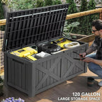YITAHOME 150 Gallon Large Deck Box with X-Shaped Front, Resin Outdoor Storage Boxes, Waterproof Cushion Storage Bench for Patio, Pool Supplies, Garden Tools - Lockable, Dark Gray