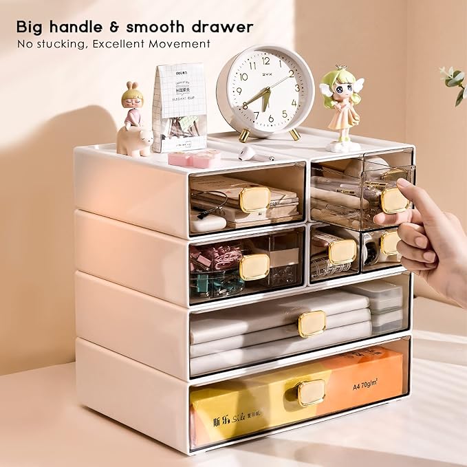 2 PACK Stackable Desk Organizer Stackable Storage Drawer Small Desk Organizer with Drawer Plastic Desktop Storage Organizer for Home, Office, Crafts, Pencils (White, M-1 Drawer, Pack of 2)