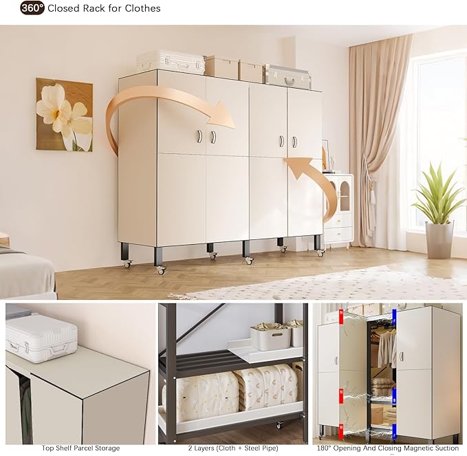 Heavy Duty Portable Closet with Cover Magnetic Doors, Metal Rolling Clothes Rack Heavy Duty 1500LBS, Foldable Clothing Rack, Garment Racks for Bedroom/ LivingRoom/ Rental (KT Off-white, 70.86in)
