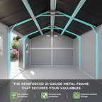 10x12 FT Large Resin Plastic Shed with Floor, Heavy-Duty 21-Gauge Reinforced Steel Frame, 16mm Ultra-Thick Panels, Estate-Size Storage Sheds with 2 Awning Windows for Tractors & Patio Furniture