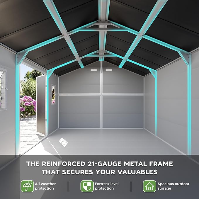 10x12 FT Large Resin Plastic Shed with Floor, Heavy-Duty 21-Gauge Reinforced Steel Frame, 16mm Ultra-Thick Panels, Estate-Size Storage Sheds with 2 Awning Windows for Tractors & Patio Furniture