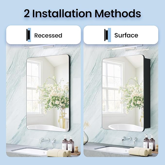 Large Bathroom Medicine Cabinet 24x32 Inch, Oversized Mirror with Storage, Heavy Duty Aluminum Construction, 6 Tempered Glass Shelves, Rust Proof Master Bath Organizer, Matte Black