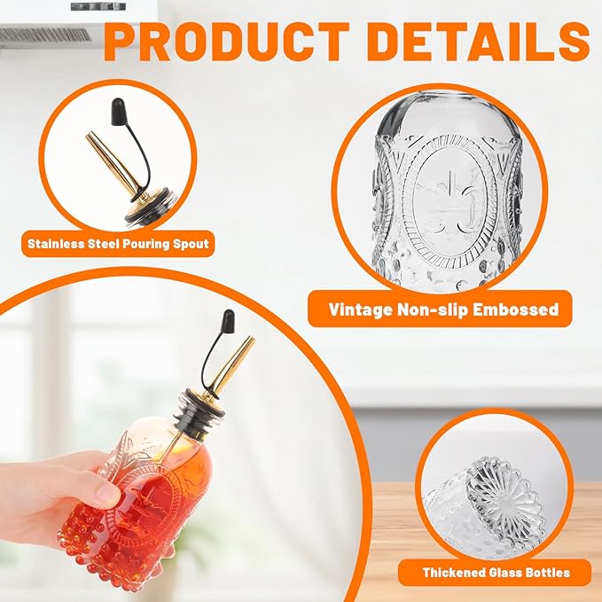 7oz Glass Coffee Syrup Dispenser, 2-Pack Complete Set with Funnel, Brush, Stoppers & Accessories - Syrup Bottles for Coffee Bar with Metal Pour Spout, Ideal for Maple,Oil, Vinegar,Cooking wine