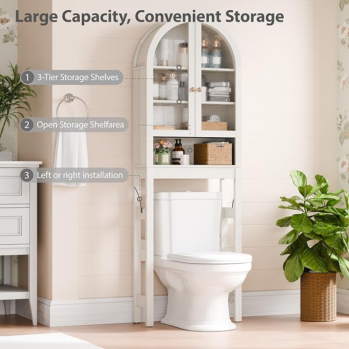Over The Toilet Storage Cabinet, 23.7”W Modern Storage Cabinet Over Toilet with Acrylic Doors, Arched Freestanding Over Toilet Rack with Adjustable Shelf for Bathroom, White