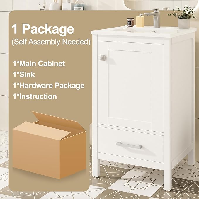 20" Small Bathroom Vanity with Sink, Soft-Close Drawer and Door, Wood Modern Single Bathroom Sink Cabinet with Doors and Shelves, Adjustable Foot Pads, for Small Space (White)