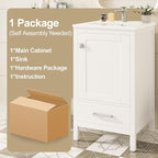 20" Small Bathroom Vanity with Sink, Soft-Close Drawer and Door, Wood Modern Single Bathroom Sink Cabinet with Doors and Shelves, Adjustable Foot Pads, for Small Space (White)