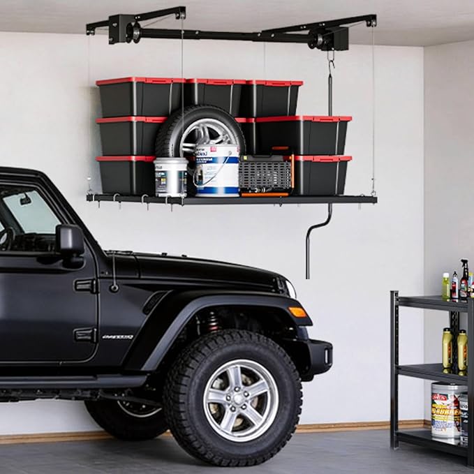 Heavy Duty Ceiling Storage Lift Adjustable 4x4 ft with Dual Safety Lock, 250 Lb Capacity Steel Ceiling Mounted Storage Racks for Garage Ceiling Organization and Overhead Storage, Ideal for Plastic Bin