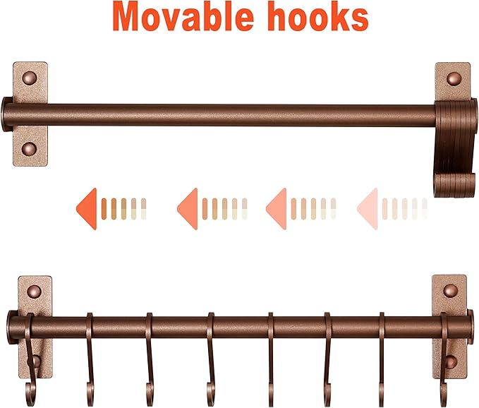 Dseap Kitchen Utensil Holder Hanger, Pot and Pan Rack Wall Mounted, Kitchen Rail with 8 Hooks for Hanging Cooking Utensils, Mugs, Spoons, Wall Mounted, Antique Copper New