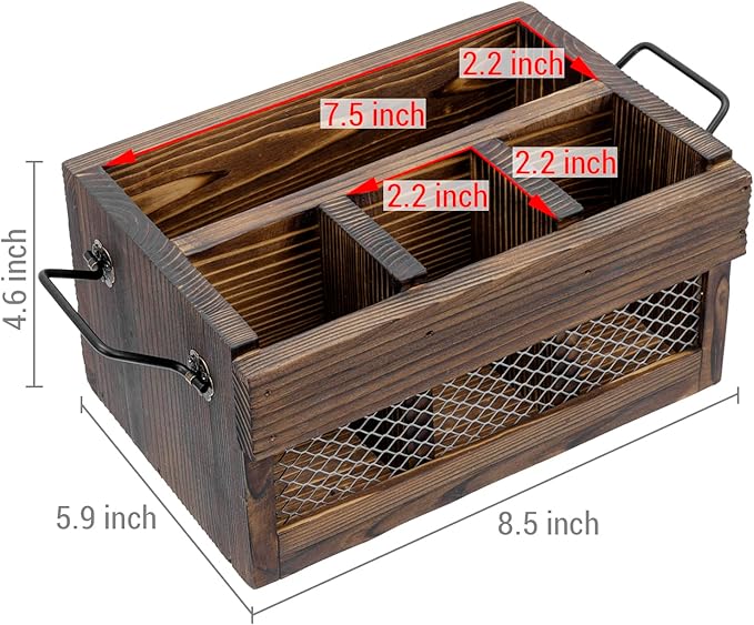 MyGift Rustic Brown Wood Utensil Holder and Napkin Rack with Black Metal Carry Handles and Chicken Wire Front Panel, Dining Flatware Cutlery Storage Caddy