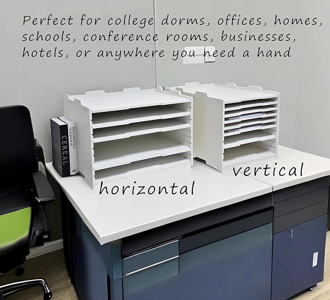 7 Tier Adjustable Shelves Office Desk Organizer,Wooden Desk File Organizer, Letter Tray, Document Letter Mail Tray Sorter, White/Black (White-7tray(with 6 Adjustable Shelves))