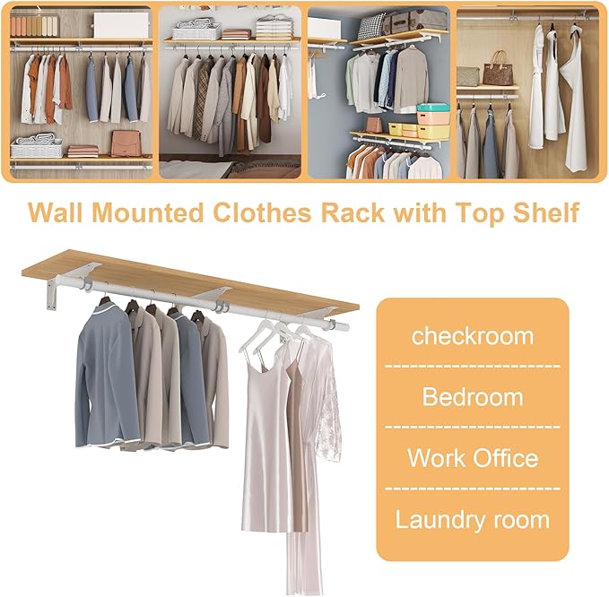 Wall Mounted Clothes Rack - Solid Wood Closet Storage System with Removable Shelves & Hanging Rods, 47.2in Space Saving Organizer for Bedroom, Walk-in Closet (1 Pack)
