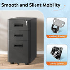 DEVAISE 3 Drawer Mobile File Cabinet with Lock, Under Desk Metal Filing Cabinet for Home Office Fits Legal/Letter/A4 Size, Fully Assembled Except Casters, Black
