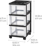 IRIS USA Plastic Drawer Storage Organizer Rolling Cart, 2-Pack, with Wheels Casters, 3-Drawers, for Classroom Art Craft Supplies Dresser Closet Bathroom Laundry Room, Black/Clear